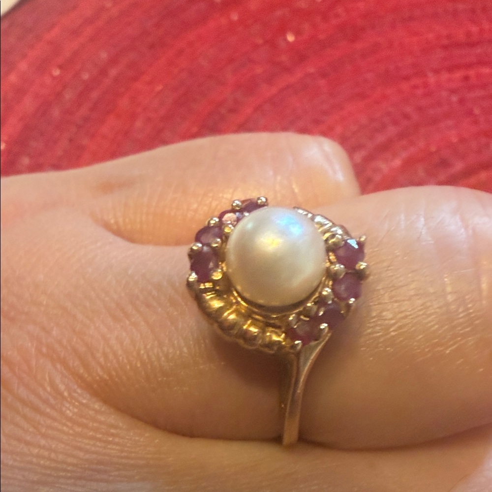 Gold Pearl Ring with Red Gem Accents